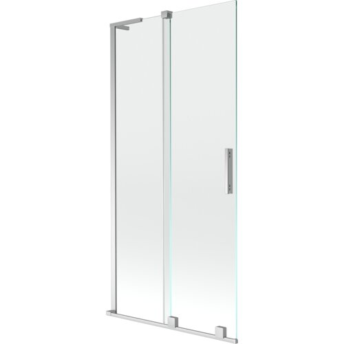 Dwuskrzydłowy, rozsuwany parawan nawannowy o wymiarach 95 x 150 cm, wykonany z przezroczystego szkła i chromowanych elementów. Produkt ma prostokątny uchwyt i metalowe ramy.