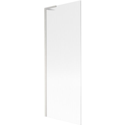 Przesłane zdjęcie przedstawia jednoskrzydłowy parawan nawannowy o wymiarach 70 x 150 cm z prążkowaną powierzchnią i wykończeniem w kolorze niklu szczotkowanego. Produkt ma prostokątny kształt i widoczne są delikatne pionowe linie na powierzchni szkła.