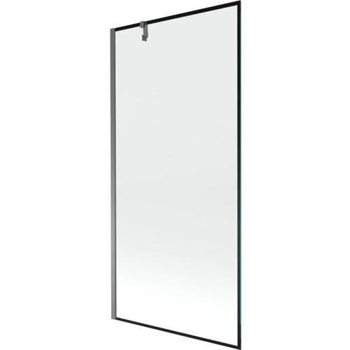 Szklany parawan nawannowy z czarną ramką i metalowym uchwytem, o wymiarach 90 x 150 cm. Produkt ma minimalistyczny design i jest wykonany z przezroczystego szkła.
