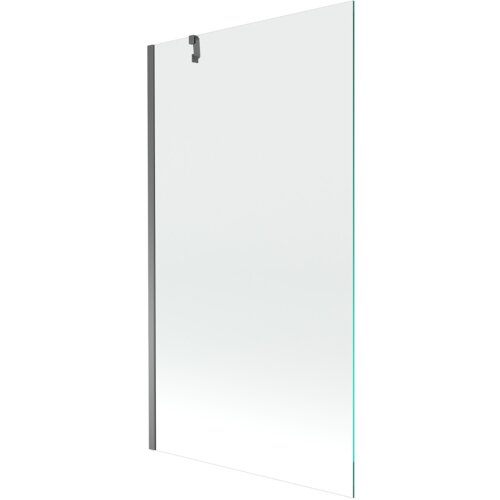 Przezroczysty parawan nawannowy z jednym skrzydłem, o wymiarach 100 x 150 cm, z metalowym wykończeniem w kolorze gun metal. Produkt ma prostą konstrukcję z widocznym uchwytem montażowym.