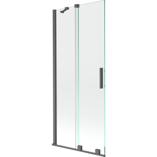 Dwuskrzydłowy, rozsuwany parawan nawannowy o wymiarach 85 x 150 cm, wykonany z przezroczystego szkła, z elementami w kolorze gun gray szczotkowanym. Produkt ma prostokątny uchwyt i metalowe mocowania.