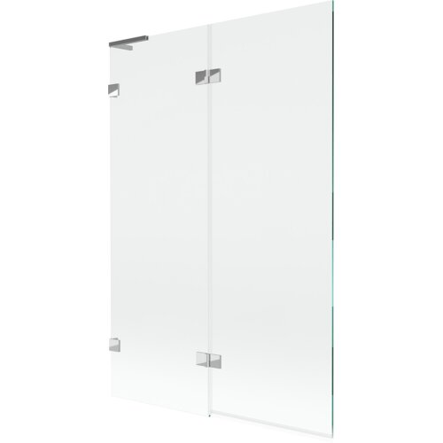 Przezroczysty parawan nawannowy z dwoma skrzydłami, wykonany z chromowanych elementów, o wymiarach 120 x 150 cm. Produkt ma prosty, nowoczesny design z widocznymi metalowymi zawiasami.