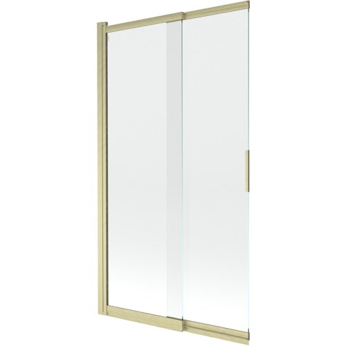 Przesłane zdjęcie przedstawia dwuskrzydłowy, przesuwny parawan nawannowy o wymiarach 100 x 150 cm, wykonany z transparentnego szkła z elementami w kolorze złotym szczotkowanym. Produkt ma prostą, nowoczesną konstrukcję z uchwytem na jednym ze skrzydeł.