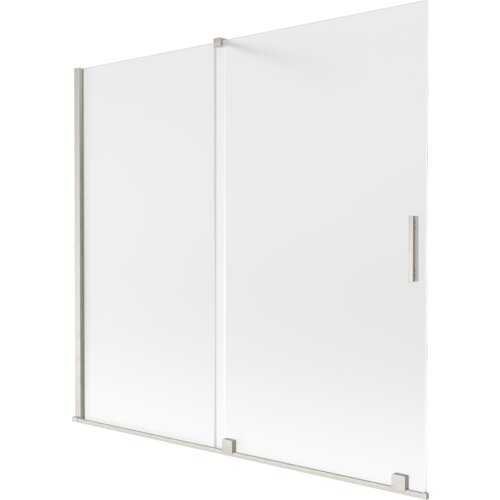 Dwuskrzydłowy, rozsuwany parawan nawannowy o wymiarach 170 x 150 cm, wykonany z matowego szkła z elementami w kolorze szczotkowanego niklu. Produkt posiada prostokątny uchwyt na jednym ze skrzydeł.