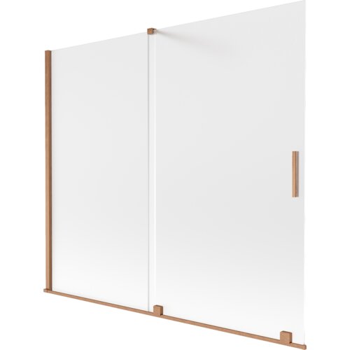 Dwuskrzydłowy parawan nawannowy o matowej powierzchni i szczotkowanej miedzianej ramie, z prostokątnym uchwytem na jednym ze skrzydeł. Produkt ma minimalistyczny design i jest wykonany z przezroczystego materiału.