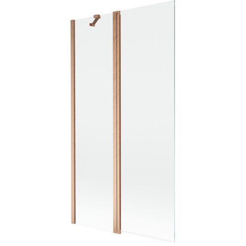 Dwuskrzydłowy parawan nawannowy wykonany z przezroczystego szkła, z elementami w kolorze szczotkowanej miedzi. Produkt ma prosty, nowoczesny design z widocznymi metalowymi uchwytami i zawiasami.