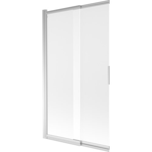 Dwuskrzydłowy, przesuwny parawan nawannowy o wymiarach 100 x 150 cm, wykonany z mrożonego szkła i chromowanych elementów. Produkt ma prosty, nowoczesny design z widocznym uchwytem.