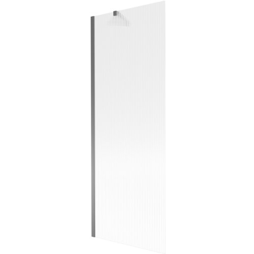 Przesłane zdjęcie przedstawia jednoskrzydłowy parawan nawannowy o wymiarach 70 x 150 cm z prążkowaną powierzchnią i metalicznym wykończeniem w kolorze gun metal. Produkt ma prostokątny kształt i jest zamocowany na metalowym profilu.