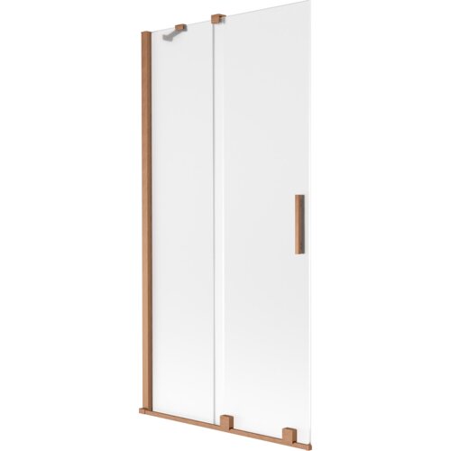 Dwuskrzydłowy, rozsuwany parawan nawannowy o wymiarach 90 x 150 cm, wykonany z mrożonego szkła z elementami w kolorze miedzi szczotkowanej. Produkt ma prostokątny kształt z drewnianymi uchwytami i mocowaniami.