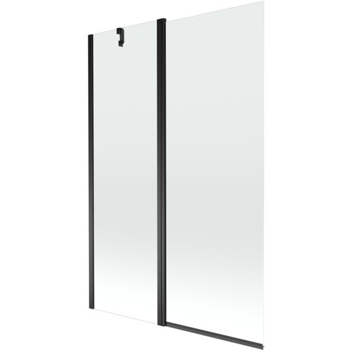 Dwuskrzydłowy, transparentny parawan nawannowy z czarnymi ramami, model "Mexen Flip" o wymiarach 120 x 150 cm. Produkt ma prosty, nowoczesny design z widocznym uchwytem na jednym ze skrzydeł.