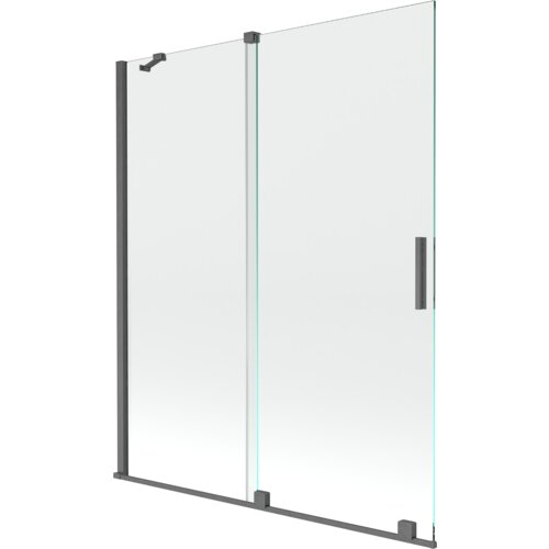 Przesłane zdjęcie przedstawia dwuskrzydłowy, rozsuwany parawan nawannowy o wymiarach 140 x 150 cm, wykonany z przezroczystego szkła z elementami w kolorze gun gray szczotkowanym. Produkt ma prostokątny kształt z metalowymi uchwytami i mocowaniami.