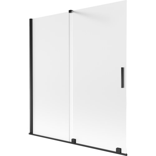 Dwuskrzydłowy, rozsuwany parawan nawannowy o wymiarach 150 x 150 cm, wykonany z matowego szkła z czarnymi elementami konstrukcyjnymi. Produkt posiada prostokątny uchwyt na jednym ze skrzydeł.