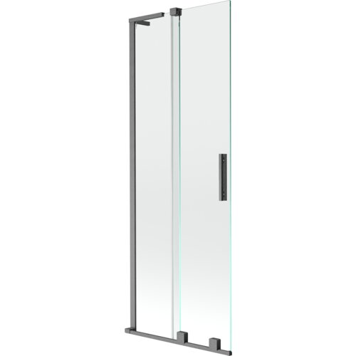 Dwuskrzydłowy, rozsuwany parawan nawannowy o wymiarach 70 x 150 cm, wykonany z przezroczystego szkła z elementami w kolorze gun gray szczotkowanym. Produkt ma prostokątną, metalową ramę i pionowy uchwyt.