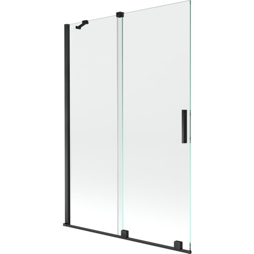 Dwuskrzydłowy, rozsuwany parawan nawannowy o wymiarach 120 x 150 cm, wykonany z przezroczystego szkła z czarnymi elementami konstrukcyjnymi. Produkt "Mexen Velar" posiada prostokątną, czarną rączkę na jednym ze skrzydeł.