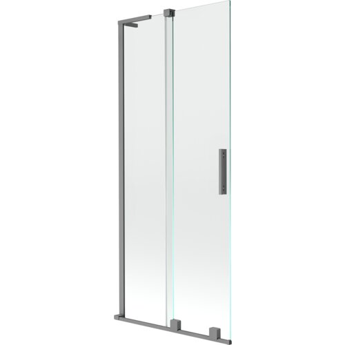 Dwuskrzydłowy, rozsuwany parawan nawannowy o wymiarach 80 x 150 cm, wykonany z przezroczystego szkła, z metalowymi elementami w kolorze gun metal. Produkt posiada prostokątną, pionową rączkę oraz solidną ramę.