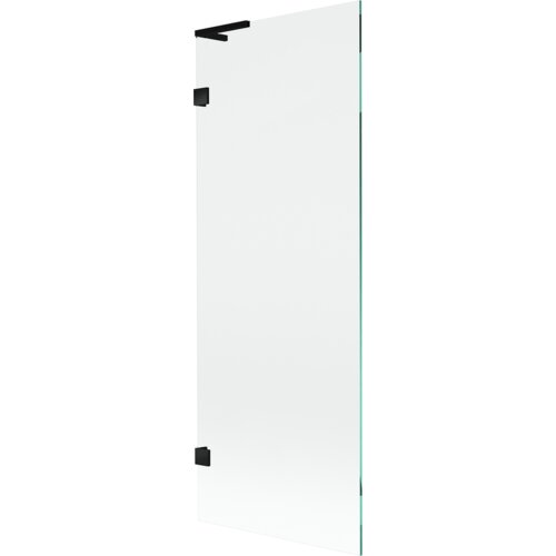 Przezroczysty parawan nawannowy z czarnymi elementami montażowymi, o prostokątnym kształcie. Produkt jest jednoskrzydłowy i ma minimalistyczny design.