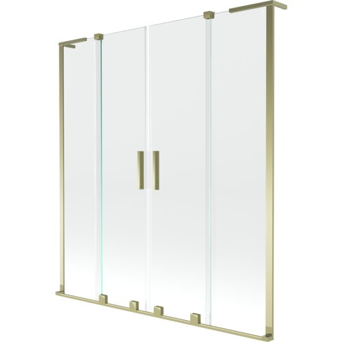 Przezroczysty, dwuskrzydłowy parawan nawannowy o złotych ramach i uchwytach, z czterema panelami. Produkt ma minimalistyczny design i jest oznaczony jako "Mexen Velar L Duo parawan nawannowy 2-skrzydłowy rozsuwany 150 x 150 cm, transparent, złoty - 896-150-003-02-50".