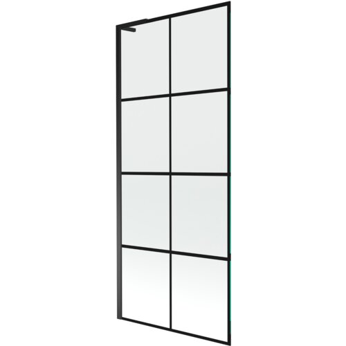 Jednoskrzydłowy parawan nawannowy o wymiarach 80 x 150 cm z czarną kratką, wykonany z przezroczystego szkła i czarnych metalowych elementów. Produkt ma prostokątny kształt i minimalistyczny design.