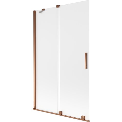 Dwuskrzydłowy, rozsuwany parawan nawannowy o wymiarach 110 x 150 cm, wykonany z matowego szkła, z elementami w kolorze różowego złota. Produkt ma prostokątny kształt i minimalistyczny design.