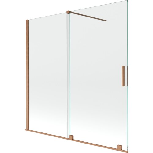 Przesłane zdjęcie przedstawia dwuskrzydłowy, rozsuwany parawan nawannowy o wymiarach 160 x 150 cm, wykonany z przezroczystego szkła z elementami w kolorze szczotkowanej miedzi. Produkt ma prostą, nowoczesną konstrukcję z metalowymi uchwytami i wspornikami.