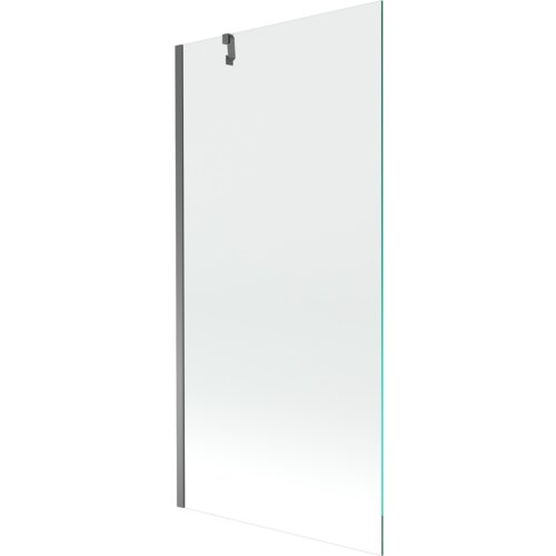 Przezroczysty parawan nawannowy o wymiarach 90 x 150 cm z metalowym wykończeniem w kolorze gun metal. Produkt ma prostokątny kształt i jest wyposażony w metalowy uchwyt na górze.