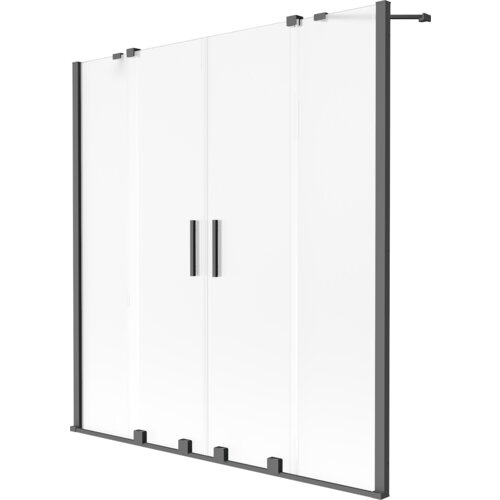 Dwuskrzydłowy parawan nawannowy o wymiarach 140 x 150 cm, wykonany z matowego szkła z ciemnymi metalowymi ramami i uchwytami. Produkt ma oznaczenie "Mexen Velar Duo parawan nawannowy 2-skrzydłowy rozsuwany 140 x 150 cm, szron, gun metal - 896-140-000-32-95".