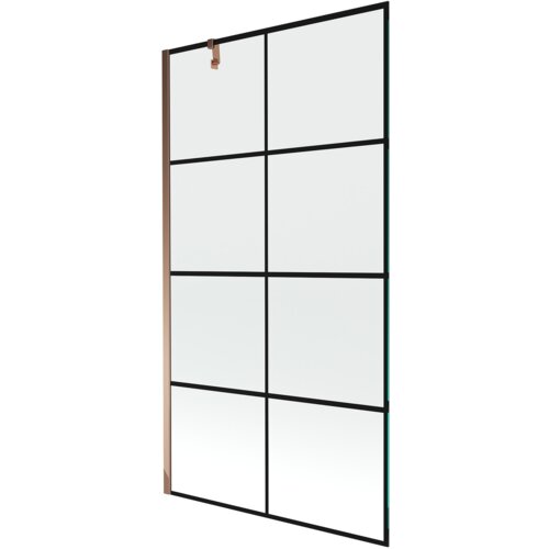 Przesłane zdjęcie przedstawia jednoskrzydłowy parawan nawannowy z czarną kratką i wykończeniem w kolorze różowego złota. Produkt ma wymiary 100 x 150 cm.