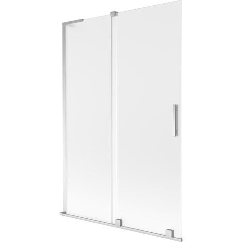 Na zdjęciu znajduje się dwuskrzydłowy, rozsuwany parawan nawannowy o wymiarach 120 x 150 cm, wykonany z mrożonego szkła i chromowanych elementów. Produkt ma prostokątny kształt z metalowym uchwytem na jednym ze skrzydeł.