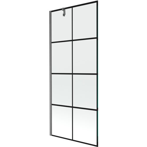Przesłany obraz przedstawia jednoskrzydłowy parawan nawannowy o wymiarach 80 x 150 cm z czarną kratką i szczotkowanym wykończeniem w kolorze gun gray. Produkt ma prostokątny kształt z metalowymi elementami konstrukcyjnymi i widocznym uchwytem na górze.