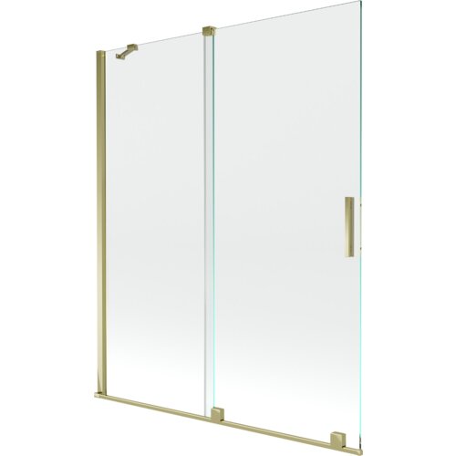 Przesłane zdjęcie przedstawia dwuskrzydłowy, rozsuwany parawan nawannowy o wymiarach 140 x 150 cm, wykonany z transparentnego szkła z elementami w złotym kolorze. Produkt ma prosty, nowoczesny design z metalowymi uchwytami i mocowaniami.
