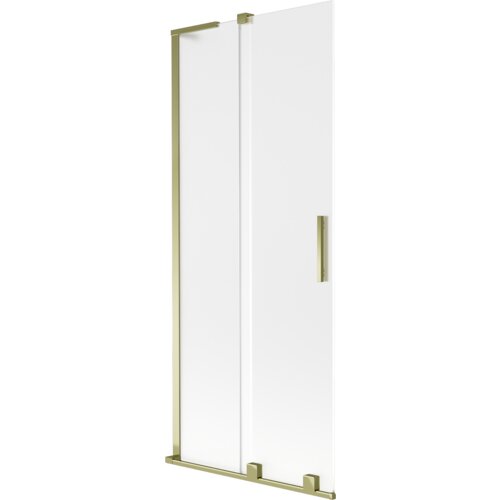 Dwuskrzydłowy, rozsuwany parawan nawannowy o wymiarach 80 x 150 cm, wykonany z matowego szkła z złotymi elementami wykończenia. Produkt posiada prostokątny uchwyt oraz solidną ramę.
