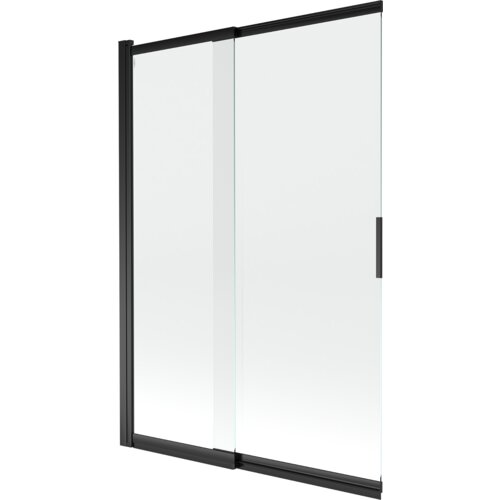 Przesuwany, dwuskrzydłowy parawan nawannowy o wymiarach 120 x 150 cm, wykonany z przezroczystego szkła z czarnymi ramami. Produkt ma prosty, nowoczesny design z widocznym uchwytem na jednym ze skrzydeł.