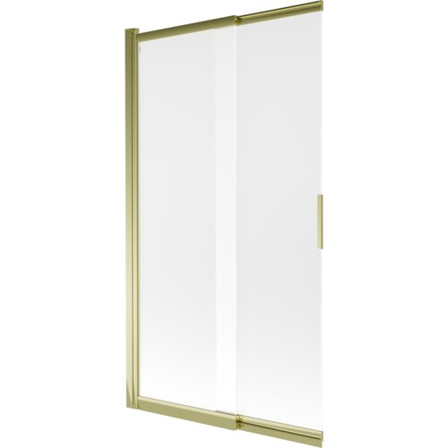 Przesuwany, dwuskrzydłowy parawan nawannowy o wymiarach 100 x 150 cm z matowym wykończeniem i złotymi elementami. Produkt ma prostą, elegancką konstrukcję z uchwytem ułatwiającym przesuwanie.