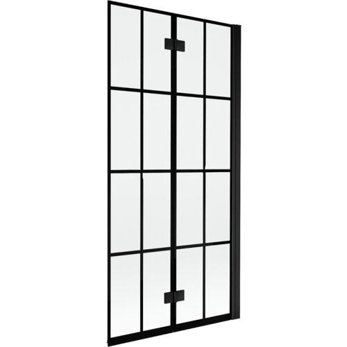 Dwuskrzydłowy parawan nawannowy z czarną kratką, wykonany ze szkła, z czarnymi zawiasami i ramą. Produkt ma prostokątny kształt i nowoczesny design.