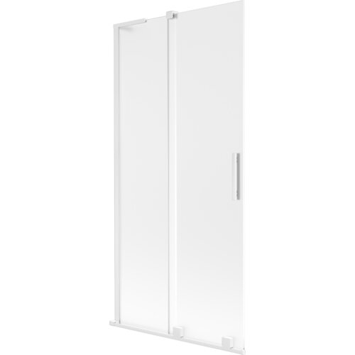 Dwuskrzydłowy, rozsuwany parawan nawannowy w kolorze białym, wykonany z matowego szkła, z prostokątnym uchwytem po jednej stronie. Produkt ma minimalistyczny design i jest przeznaczony do montażu na wannie.