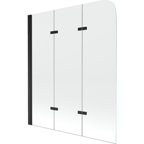 Trzyczęściowy, transparentny parawan nawannowy z czarnymi elementami mocującymi i zaokrąglonym górnym rogiem. Produkt ma minimalistyczny design z prostymi liniami i czarnym pionowym profilem.
