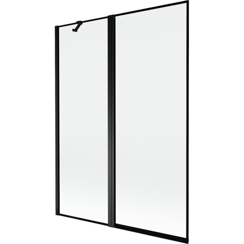 Dwuskrzydłowy parawan nawannowy z czarną ramką, wykonany z przezroczystego szkła, z widocznym uchwytem na jednym ze skrzydeł. Produkt ma minimalistyczny design i prostokątny kształt.