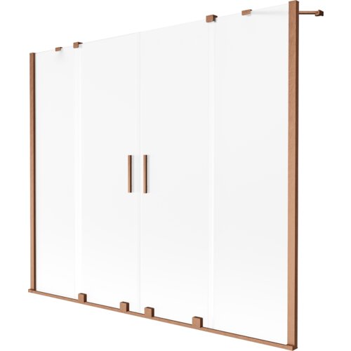 Dwuskrzydłowy parawan nawannowy o wymiarach 200 x 150 cm, wykonany z mrożonego szkła i wykończony w kolorze szczotkowanej miedzi, z widocznymi uchwytami pośrodku. Produkt ma prostą, nowoczesną konstrukcję z metalowymi elementami mocującymi.