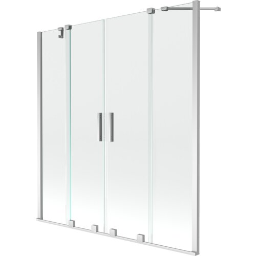 Przesłane zdjęcie przedstawia przezroczysty, dwuskrzydłowy parawan nawannowy z chromowanymi elementami, o wymiarach 160 x 150 cm. Produkt ma prostokątną formę z metalowymi uchwytami i mocowaniami.