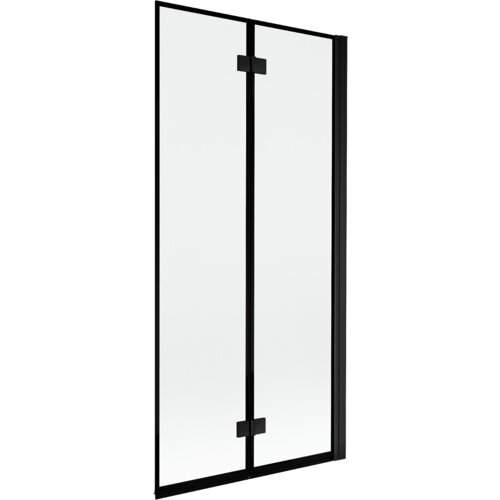 Dwuskrzydłowy parawan nawannowy z czarną ramką, wykonany ze szkła, o wymiarach 90 x 150 cm. Produkt ma prosty, nowoczesny design z widocznymi zawiasami.