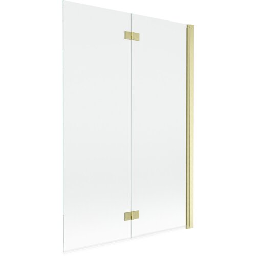 Na zdjęciu znajduje się dwuskrzydłowy parawan nawannowy o wymiarach 120 x 150 cm, wykonany z przezroczystego szkła z elementami w kolorze złotym szczotkowanym. Produkt ma prostą konstrukcję z widocznymi zawiasami i uchwytem.