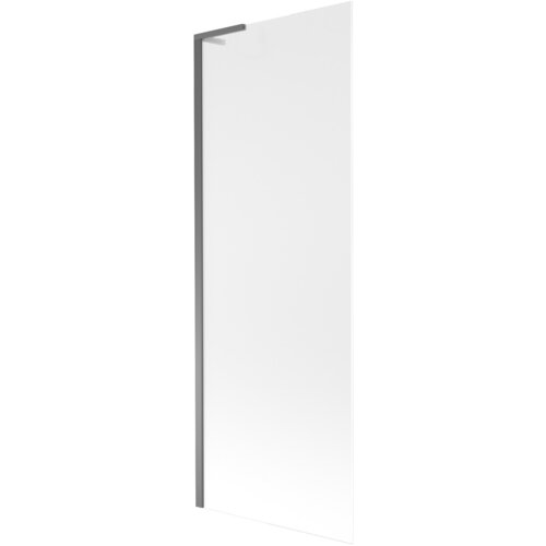 Przedstawiony jest szklany parawan nawannowy o matowym wykończeniu, z metalową ramą w kolorze gun metal. Produkt ma prostokątny kształt i minimalistyczny design.