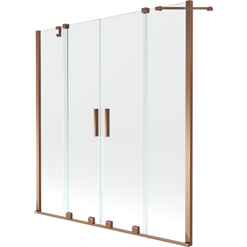 Przesłane zdjęcie przedstawia dwuskrzydłowy, rozsuwany parawan nawannowy o wymiarach 160 x 150 cm, wykonany z przezroczystego szkła z elementami w kolorze różowego złota. Parawan posiada pionowe uchwyty oraz metalowe ramy i mocowania.
