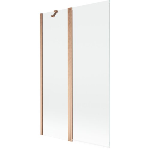 Przezroczysty parawan nawannowy z dwoma skrzydłami, wykonany ze szkła, z elementami w kolorze miedzi szczotkowanej. Produkt ma prosty, nowoczesny design z widocznymi metalowymi uchwytami.