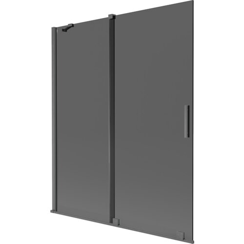 Dwuskrzydłowy, rozsuwany parawan nawannowy w kolorze grafitowym, z wykończeniem gun gray szczotkowanym, o wymiarach 140 x 150 cm. Produkt ma prostokątny kształt z pionowym uchwytem na jednym ze skrzydeł.