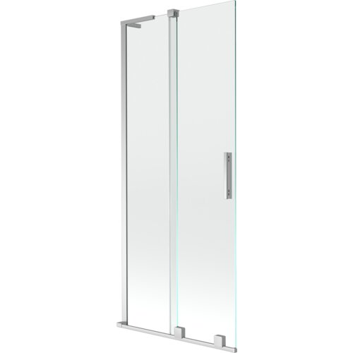 Przesłane zdjęcie przedstawia dwuskrzydłowy, rozsuwany parawan nawannowy o wymiarach 85 x 150 cm, wykonany z przezroczystego szkła i chromowanych elementów. Produkt ma prostokątny uchwyt i metalowe ramy, a jego powierzchnia jest gładka i błyszcząca.