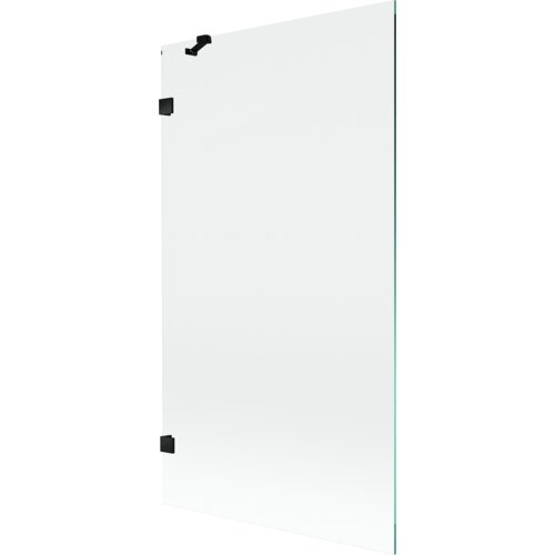 Przezroczysty parawan nawannowy z czarnymi elementami montażowymi, o wymiarach 100 x 150 cm. Produkt jest jednoskrzydłowy i ma minimalistyczny design.