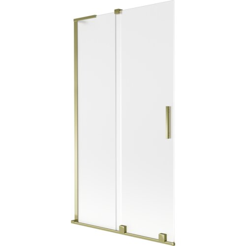 Dwuskrzydłowy, rozsuwany parawan nawannowy o wymiarach 100 x 150 cm, wykonany z matowego szkła z złotymi elementami konstrukcyjnymi. Produkt ma prostokątny uchwyt w złotym kolorze.