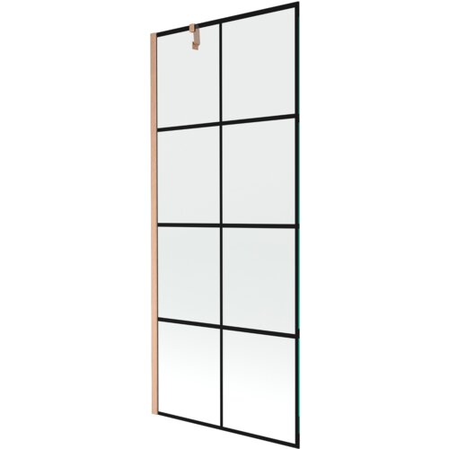 Jednoskrzydłowy parawan nawannowy o wymiarach 80 x 150 cm z czarną kratką i elementami w kolorze miedzi szczotkowanej. Produkt ma prostokątny kształt i jest wykonany z przezroczystego szkła.