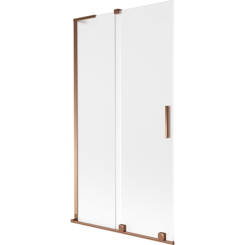 Dwuskrzydłowy parawan nawannowy o matowej powierzchni, z ramą i uchwytem w kolorze różowego złota. Produkt ma prosty, nowoczesny design z przesuwanymi panelami.